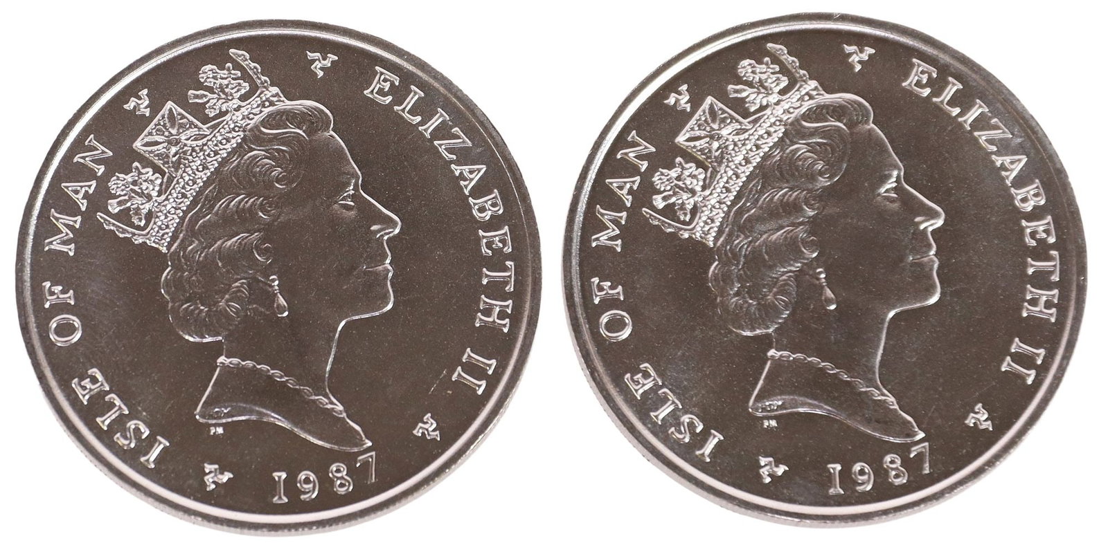 (2) PLATINUM, 1 OUNCE FINE ONE NOBLE COINS, ISLE OF MAN, 1987: (lot of 2) U.K. Isle of Man One Noble, 1987, 1oz Platinum Fine Coins, appearing as BU, a likeness of Queen Elizabeth on the obverse, a Viking ship on the reverse **Provenance: the contents of a luxury