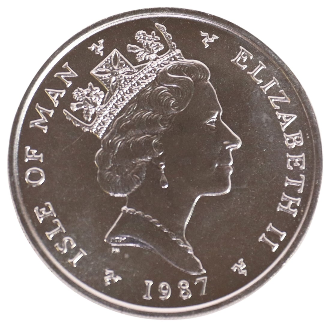 PLATINUM, 1 OUNCE FINE, ONE NOBLE, ISLE OF MAN, 1987: (coin) U.K. Isle of Man One Noble, 1987, 1oz Platinum Fine, appearing as BU, a likeness of Queen Elizabeth on the obverse, a Viking ship on the reverse **Provenance: the contents of a luxury San Anton