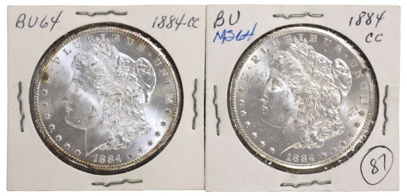 (2) 1884 CC CARSON CITY SILVER DOLLARS