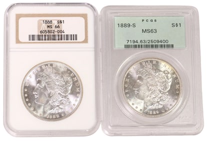 (2) U.S. SILVER DOLLARS, 1888 NGC MS66, 1889-S PCGS MS63