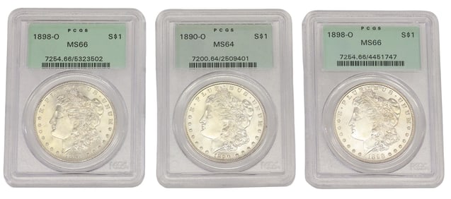 (3) U.S. SILVER DOLLARS, 1890-O & 1898-0, ALL PCGS MS66