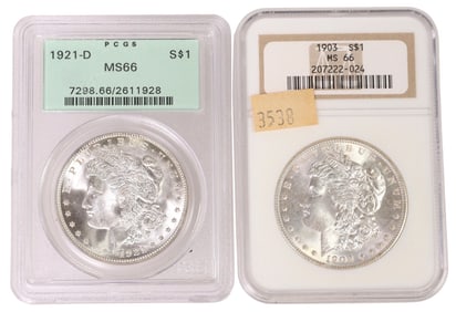 (2) U.S SILVER DOLLARS, 1903 NGC MS66, 1921-D, PCGS MS66