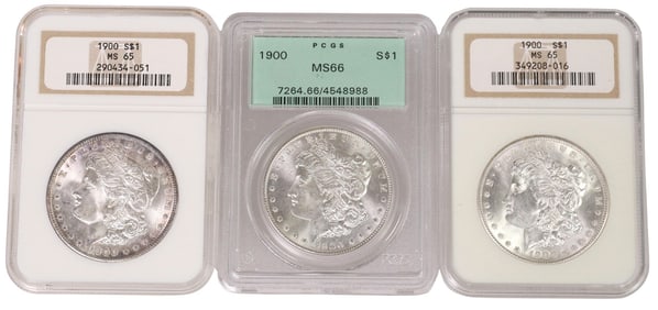 (3) U.S. SILVER DOLLARS, 1900, NGC MS65 & PCGS MS66