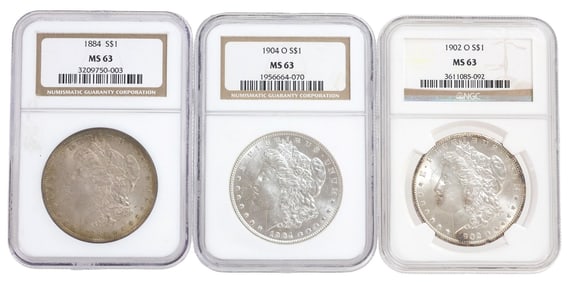(3) U.S. MORGAN SILVER DOLLARS, NGC MS-63, 1884, 1902, 1904,