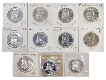 (11) U.S. FRANKLIN HALF DOLLARS, 1960P, 1961P, 1963P, HIGH MS, ONE GRADED