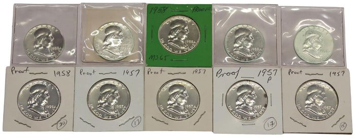 (10) U.S. FRANKLIN HALF DOLLARS, 1957P, 1958P, HIGH MS