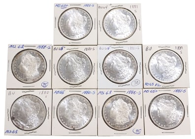 (10) U.S. MORGAN SILVER DOLLARS, 1880-S. 1881-S, HIGH MS