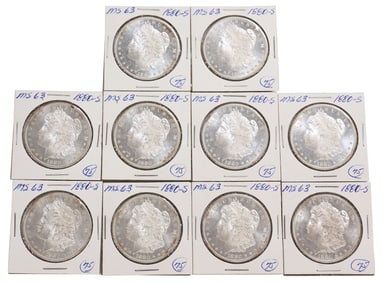 (10) U.S. MORGAN 1880-S SILVER DOLLARS, HIGH MS