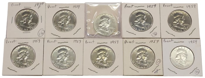 (10) U.S. FRANKLIN HALF DOLLARS, 1958P, 1959P, HIGH MS
