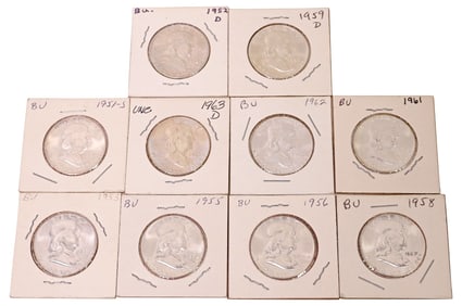 (10) U.S. FRANKLIN HALF DOLLARS, VARIOUS YEARS