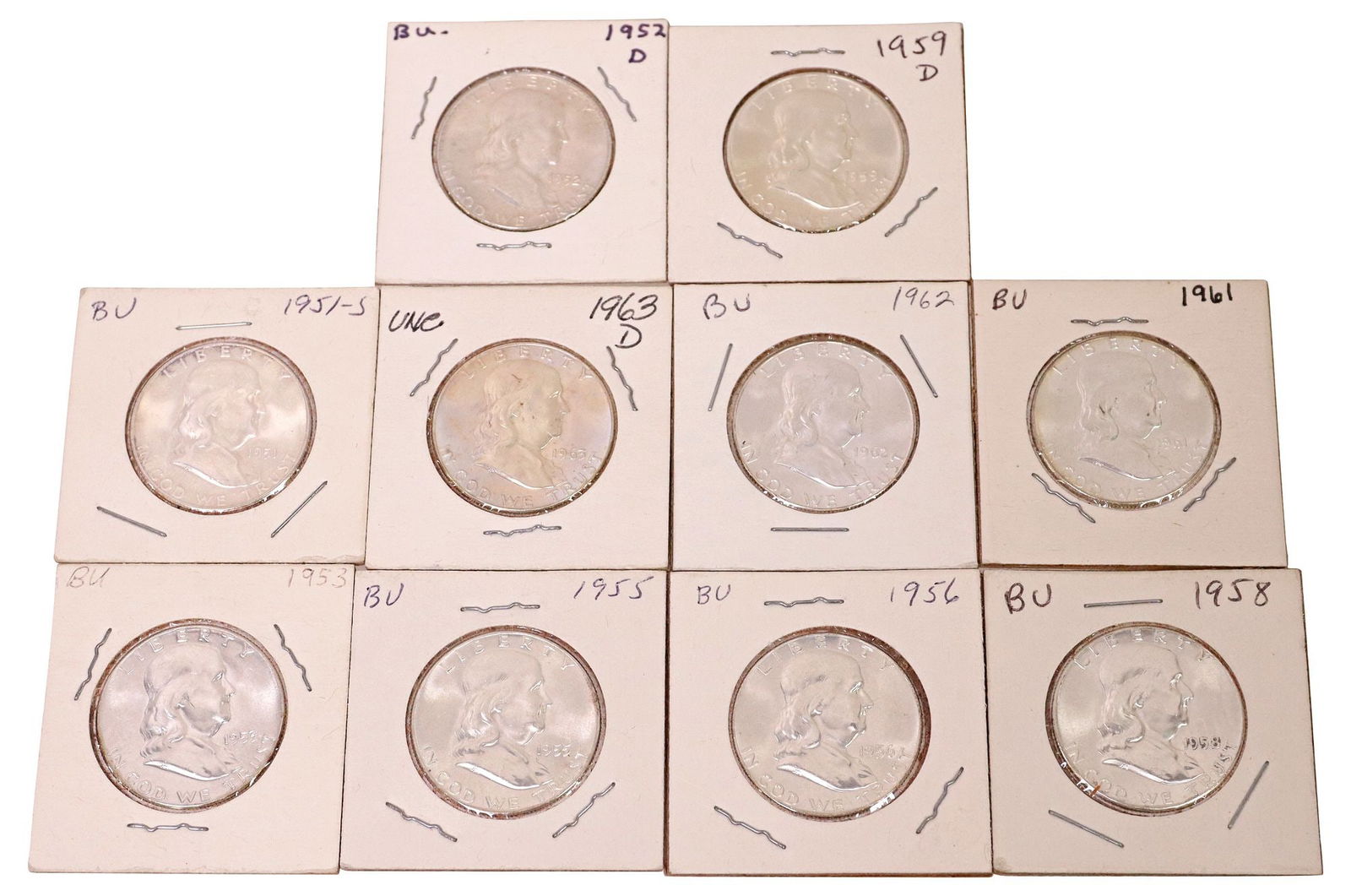 (10) U.S. FRANKLIN HALF DOLLARS, VARIOUS YEARS (1 of 4)