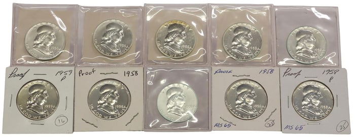 (10) U.S. FRANKLIN HALF DOLLARS, 1956P, 1958P, 1959P, HIGH MS