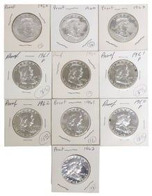 (10) U.S. FRANKLIN HALF DOLLARS, 1960, 1961, 1962, HIGH MS