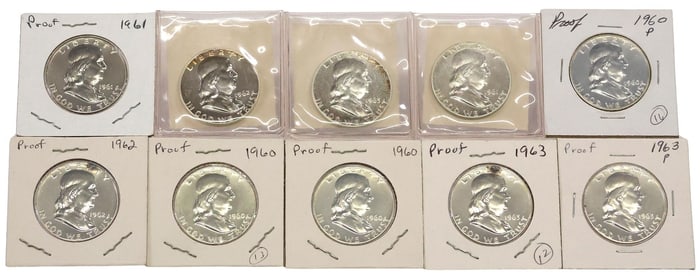 (10) U.S. FRANKLIN HALF DOLLARS, 1960P, 1961P, 1962P, 1963P, HIGH MS