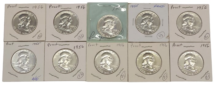 (10) U.S. FRANKLIN HALF DOLLARS, 1955P, 1956P, HIGH MS