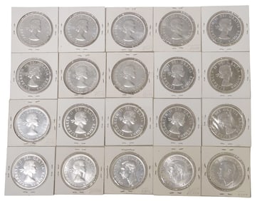 (20) CANADA SILVER DOLLARS, 1938, 1939, M1950s, 1961