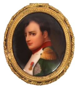 CONTINENTAL GILT-METAL BOX MOUNTED WITH PORCELAIN NAPOLEON I PORTRAIT