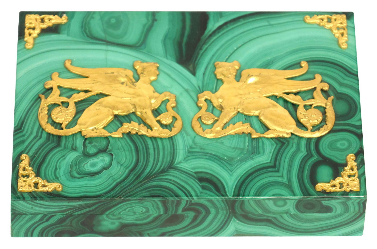 MALACHITE TABLE BOX WITH WINGED SPHINX ORMOLU MOUNTS (1 of 5)