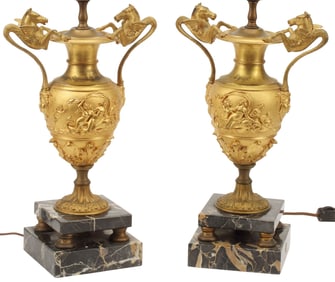 (2) FRENCH NEOCLASSICAL ORMOLU & MARBLE VASIFORM 1-LT TABLE LAMPS