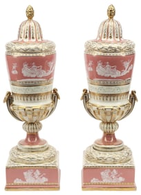 (2) MINTON-STYLE 'PATE-SUR-PATE' PORCELAIN VASES, COVERS & STANDS, 22"H
