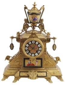 FRENCH NEO-GREC ORMOLU & PAINTED PORCELAIN MANTEL CLOCK