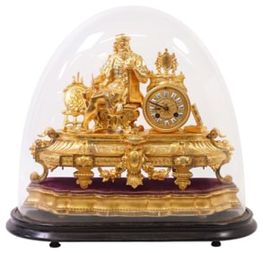 FRENCH NAPOLEON III GILT-METAL FIGURAL MANTEL CLOCK IN CLOCHE