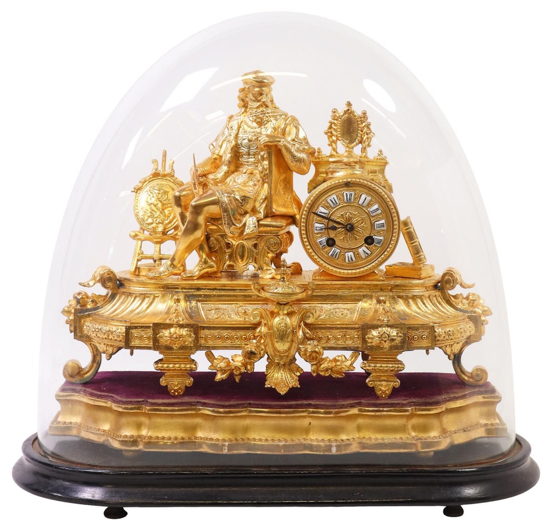 FRENCH NAPOLEON III GILT-METAL FIGURAL MANTEL CLOCK IN CLOCHE (1 of 8)
