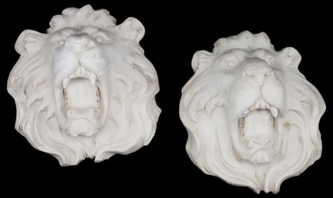(2) ARCHITECTURAL CARVED WHITE MARBLE LION MASKS