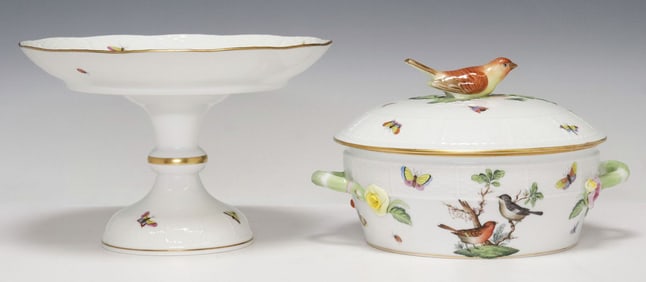 (2) HEREND 'ROTHSCHILD BIRD' PORCELAIN COVERED VEGETABLE & COMPOTE