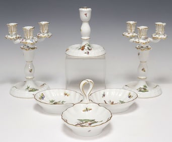 (4) HEREND 'ROTHSCHILD BIRD' PORCELAIN 3-PART RELISH DISH & CANDLESTICKS