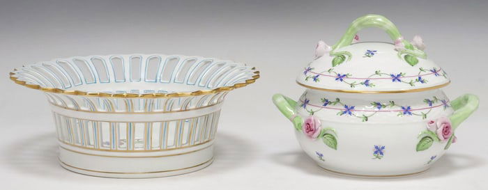 (2) HEREND PORCELAIN 'QUEEN VICTORIA' BASKET & 'BLUE GARLAND' BEAN POT