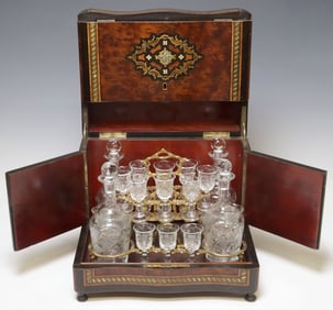 FRENCH NAPOLEON III BRASS MARQUETRY & BURLWOOD CAVE A LIQUEUR