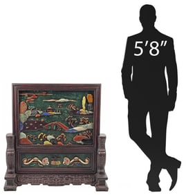 CHINESE SEMIPRECIOUS STONE-INLAID MARBLE TABLE SCREEN ON STAND, 38"H