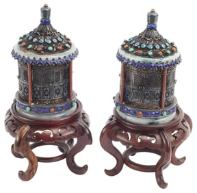 (2) CHINESE ENAMEL & SILVER PAGODA-FORM TEA CADDIES