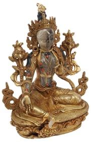 JEWELED ROCK CRYSTAL & GILT BRONZE FIGURE SEATED TARA