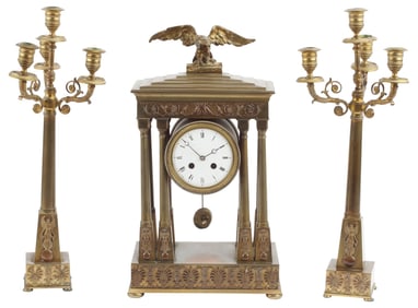 (3) FRENCH EMPIRE STYLE BRONZE MANTEL CLOCK & CANDELABRA GARNITURE SET