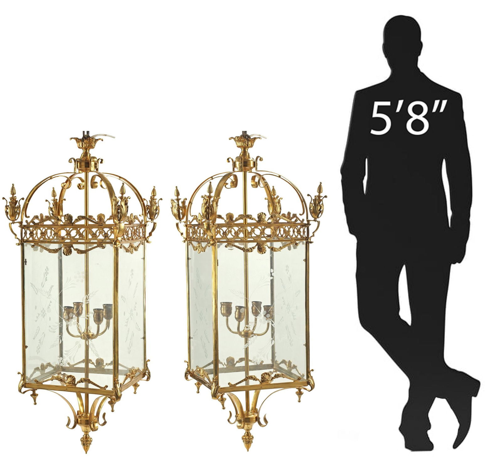 (2) MONUMENTAL ORMOLU & FOLIATE ETCHED GLASS LANTERNS, 48": (pair) Monumental Louis XVI style gilt bronze and etched glass four-light hanging lanterns, each with reticulated trim and raised scrollwork, encasing four lights each, in need of wiring, approx 48&qu