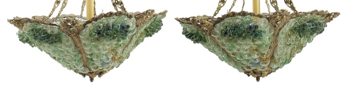 (2) BRONZE & ART GLASS GRAPES & FLOWERS 4-LT CEILING LIGHTS