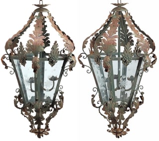 (2) LARGE WROUGHT IRON & ETCHED GLASS HEXAGONAL LANTERNS, 44"H