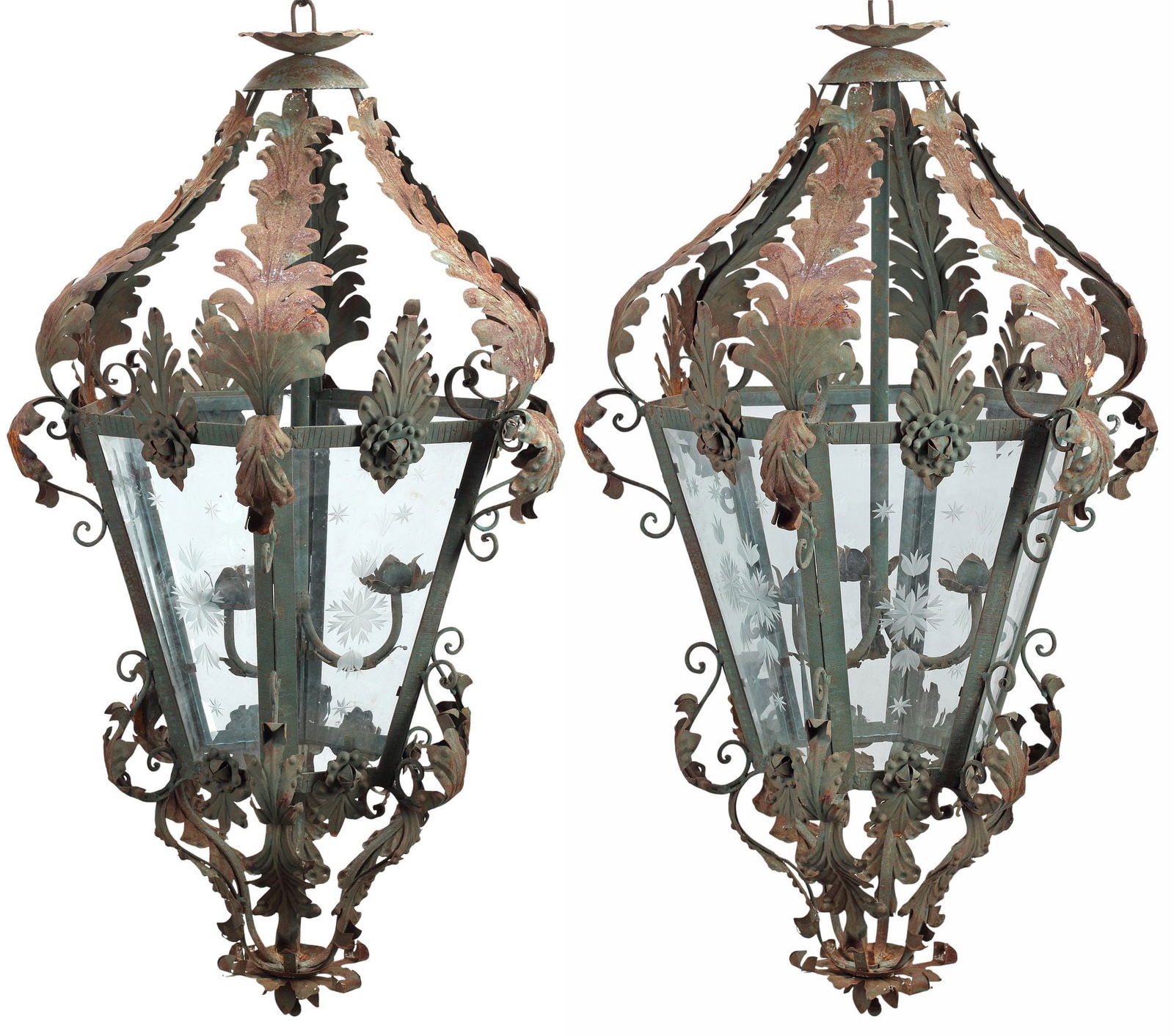 (2) LARGE WROUGHT IRON & ETCHED GLASS HEXAGONAL LANTERNS, 44"H (1 of 7)