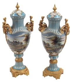 (2) LARGE SEVRES STYLE ORMOLU-MOUNTED PORCELAIN VASES, 31.5"H