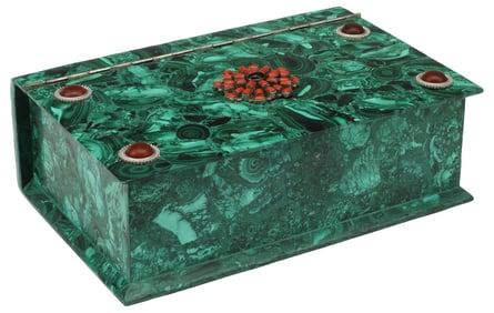 LARGE 'JEWELED' MALACHITE BOOK-FORM TABLE BOX