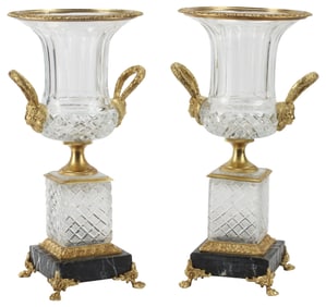 (2) ORMOLU & CUT-GLASS TWO-HANDLED CAMPANA VASES
