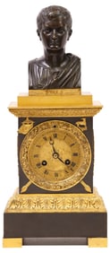 FRENCH EMPIRE PERIOD BRONZE CLASSICAL BUST MANTEL CLOCK