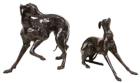 (2) LARGE MAITLAND-SMITH PATINATED BRONZE GREYHOUND SCULPTURES, 36.5"H
