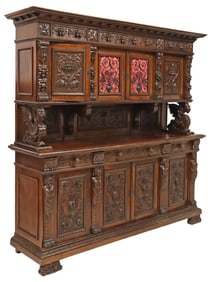 ITALIAN RENAISSANCE REVIVAL CARVED WALNUT & WROUGHT IRON SIDEBOARD