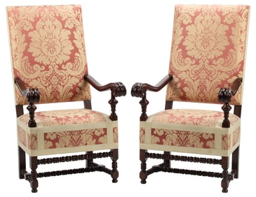 (2) LOUIS XIII STYLE SCHUMACHER-UPHOLSTERED HIGHBACK FAUTEUILS