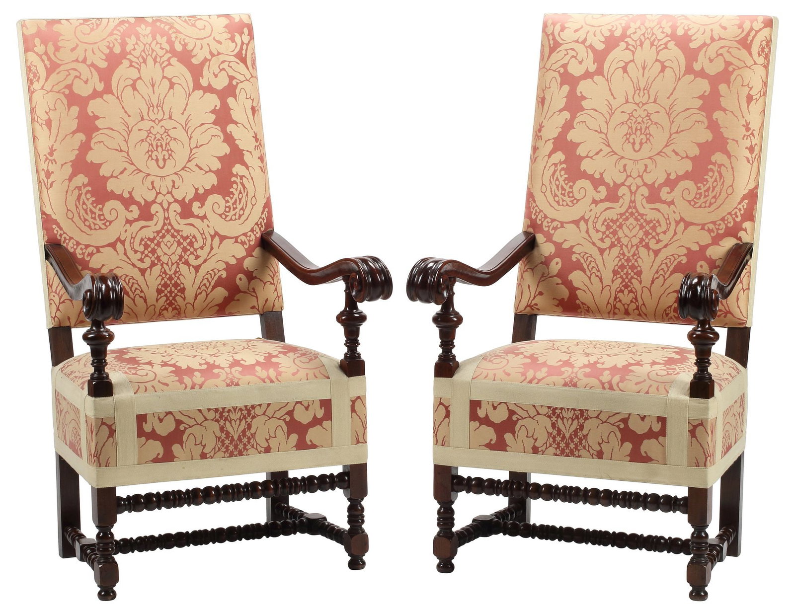 (2) LOUIS XIII STYLE SCHUMACHER-UPHOLSTERED HIGHBACK FAUTEUILS: (pair) Louis XIII style highback armchairs, each having padded back and seat in Schumacher "Harmon Manor II" upholstery, with scrolled handholds, rising on stretcher-joined turned supports, approx 50.