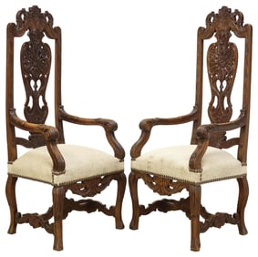 (2) ORNATE BAROQUE STYLE CARVED WALNUT UPHOLSTERED CHAIRS