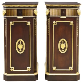 (2) NEOCLASSICAL STYLE PARCEL-GILT MAHOGANY PEDESTAL CABINETS